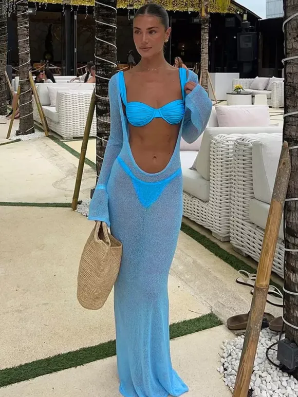 Cover-Ups Swimsuit Set Blue Athletic Long Sleeves T-back Cover-Up Bra Sets