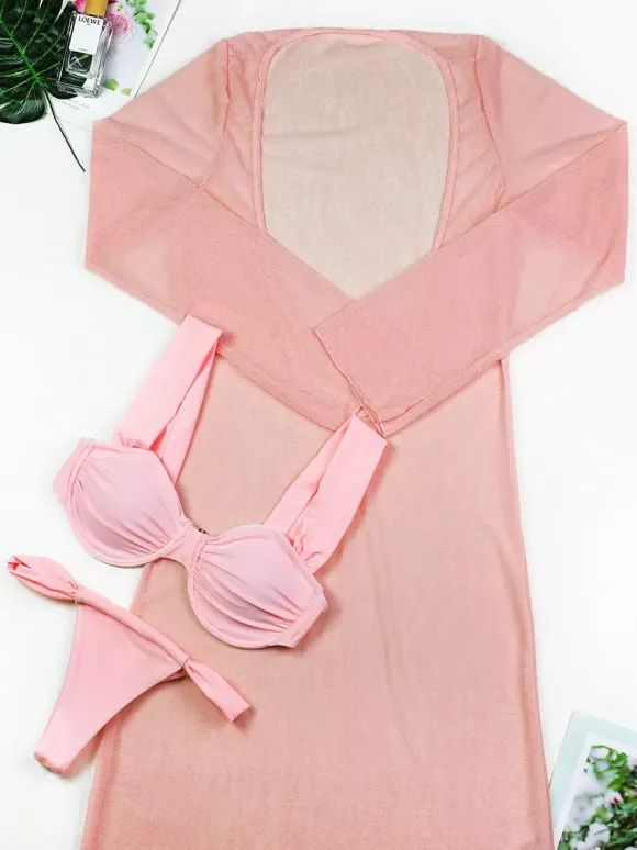 Cover-Ups Swimsuit Set Blue Athletic Long Sleeves T-back Cover-Up Bra Sets