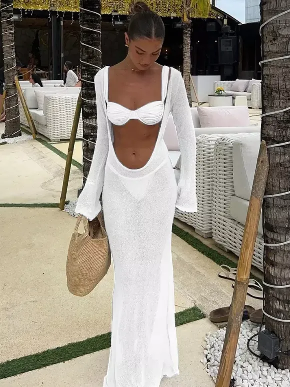 Cover-Ups Swimsuit Set Blue Athletic Long Sleeves T-back Cover-Up Bra Sets