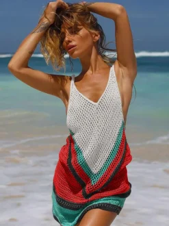 Cover Ups V Neck Sleeveless Crochet Beach Bathing Suits For Women