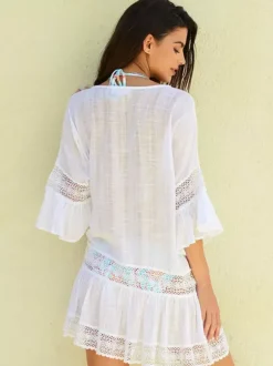 Cover Ups White Half Sleeves Lace Short Dress Summer Beach Swimwear