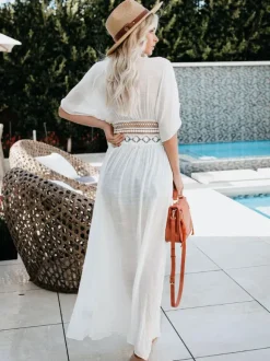 Cover Ups White Lace Up V Neck Half Sleeves Summer Beach Swimwear Cover Ups