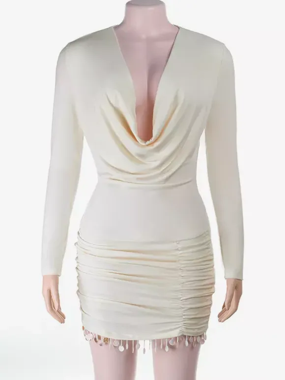 Cowl Neck Ruched Mini Dress For Women- Cream Sexy Long Sleeve Fringe Bodycon - Spring Cocktail Party 2026