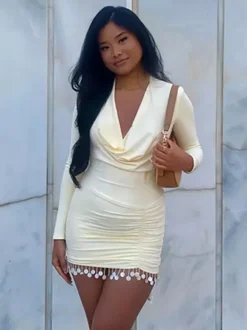 Cowl Neck Ruched Mini Dress For Women- Cream Sexy Long Sleeve Fringe Bodycon - Spring Cocktail Party 2026