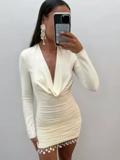 Cowl Neck Ruched Mini Dress For Women- Cream Sexy Long Sleeve Fringe Bodycon - Spring Cocktail Party 2026