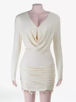 Cowl Neck Ruched Mini Dress For Women- Cream Sexy Long Sleeve Fringe Bodycon - Spring Cocktail Party 2026