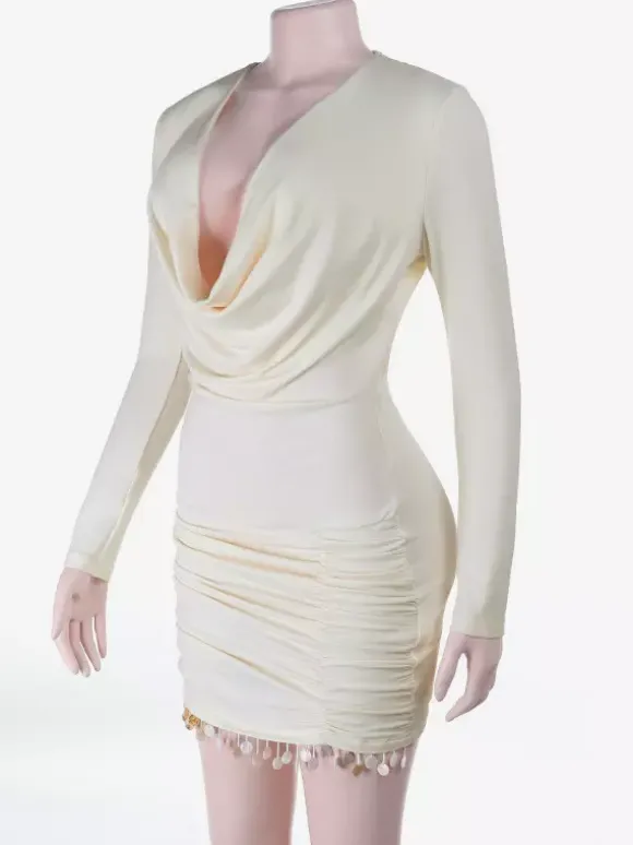 Cowl Neck Ruched Mini Dress For Women- Cream Sexy Long Sleeve Fringe Bodycon - Spring Cocktail Party 2026
