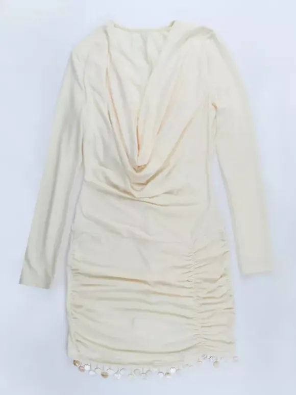 Cowl Neck Ruched Mini Dress For Women- Cream Sexy Long Sleeve Fringe Bodycon - Spring Cocktail Party 2026
