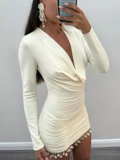 Cowl Neck Ruched Mini Dress For Women- Cream Sexy Long Sleeve Fringe Bodycon - Spring Cocktail Party 2026