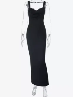 Cowl Neck Maxi Dress For Women - Black Elegant Lace Trim Bodycon Long Dress - Spring Evening Party Cocktail Wear 2026