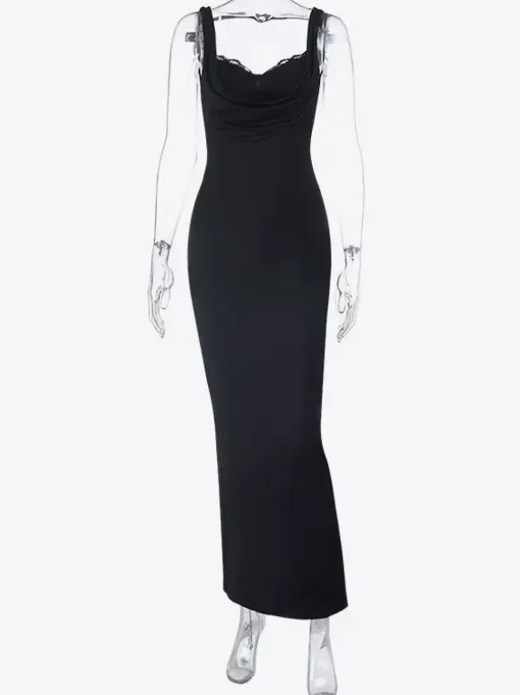 Cowl Neck Maxi Dress For Women - Black Elegant Lace Trim Bodycon Long Dress - Spring Evening Party Cocktail Wear 2026