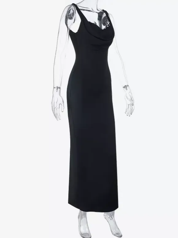 Cowl Neck Maxi Dress For Women - Black Elegant Lace Trim Bodycon Long Dress - Spring Evening Party Cocktail Wear 2026
