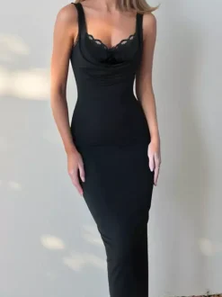 Cowl Neck Maxi Dress For Women - Black Elegant Lace Trim Bodycon Long Dress - Spring Evening Party Cocktail Wear 2026