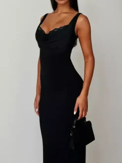 Cowl Neck Maxi Dress For Women - Black Elegant Lace Trim Bodycon Long Dress - Spring Evening Party Cocktail Wear 2026