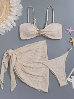 Cream 3 Piece Swimsuit Set For Women - Textured Bikini With Gold Starfish And Sarong Skirt Cover Up - Summer Cruise 2026