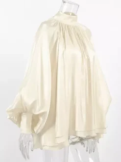 Cream Glossy Satin Mock Neck Gathered Top Balloon Sleeve Pearl Cuff Oversized Blouse