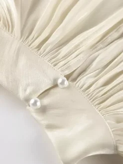 Cream Glossy Satin Mock Neck Gathered Top Balloon Sleeve Pearl Cuff Oversized Blouse