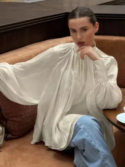 Cream Glossy Satin Mock Neck Gathered Top Balloon Sleeve Pearl Cuff Oversized Blouse