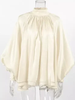 Cream Glossy Satin Mock Neck Gathered Top Balloon Sleeve Pearl Cuff Oversized Blouse
