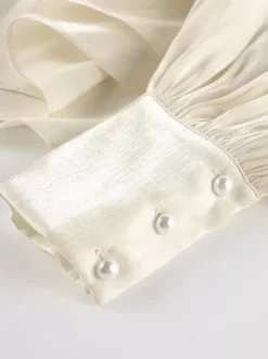 Cream Glossy Satin Mock Neck Gathered Top Balloon Sleeve Pearl Cuff Oversized Blouse
