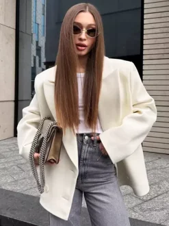 Cream Notched Lapel Women's Blazer - Oversized Single Breasted Jacket - Quiet Minimalist Street Casual Spring Outfit 2026