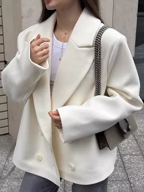 Cream Notched Lapel Women's Blazer - Oversized Single Breasted Jacket - Quiet Minimalist Street Casual Spring Outfit 2026