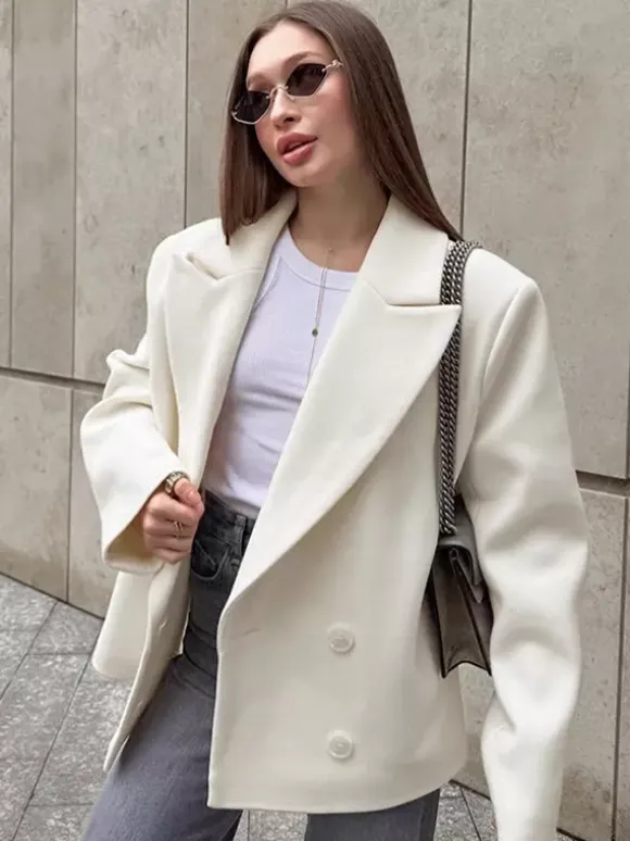 Cream Notched Lapel Women's Blazer - Oversized Single Breasted Jacket - Quiet Minimalist Street Casual Spring Outfit 2026