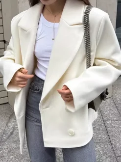 Cream Notched Lapel Women's Blazer - Oversized Single Breasted Jacket - Quiet Minimalist Street Casual Spring Outfit 2026