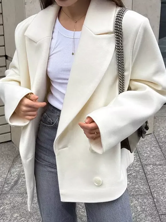 Cream Notched Lapel Women's Blazer - Oversized Single Breasted Jacket - Quiet Minimalist Street Casual Spring Outfit 2026
