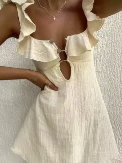 Cream Ruffled Square Neck Mini Dress For Women