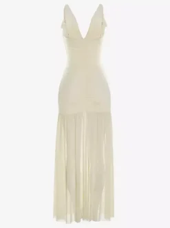 Cream V Neck Ruffled Sleeve Maxi Dress For Women Elegant Formal Style