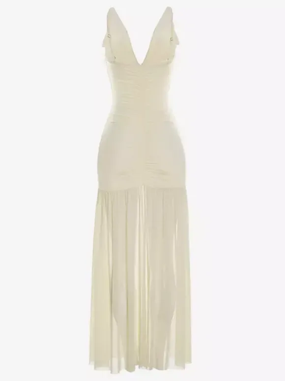 Cream V Neck Ruffled Sleeve Maxi Dress For Women Elegant Formal Style
