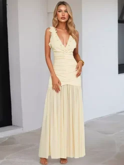 Cream V Neck Ruffled Sleeve Maxi Dress For Women Elegant Formal Style