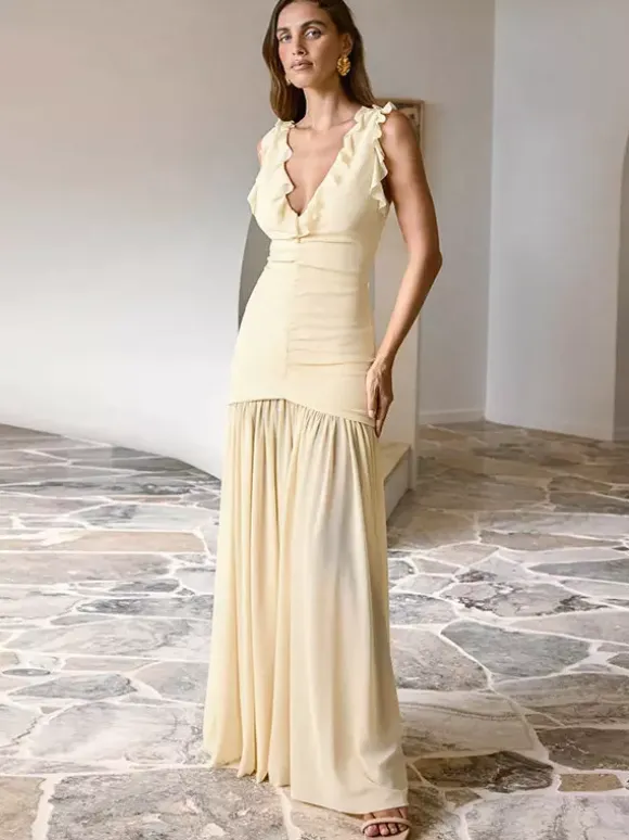 Cream V Neck Ruffled Sleeve Maxi Dress For Women Elegant Formal Style