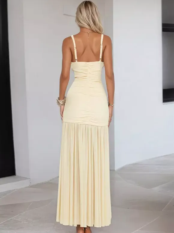 Cream V Neck Ruffled Sleeve Maxi Dress For Women Elegant Formal Style