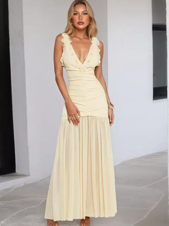 Cream V Neck Ruffled Sleeve Maxi Dress For Women Elegant Formal Style