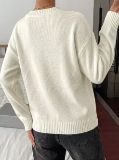 Cream White Crew Neck Knit Sweater Big Contrast Black Bow Embroidery Long Sleeve Loose Pullover
