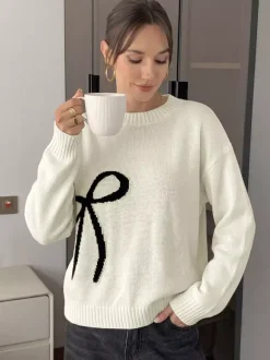 Cream White Crew Neck Knit Sweater Big Contrast Black Bow Embroidery Long Sleeve Loose Pullover