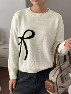 Cream White Crew Neck Knit Sweater Big Contrast Black Bow Embroidery Long Sleeve Loose Pullover