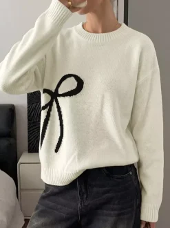 Cream White Crew Neck Knit Sweater Big Contrast Black Bow Embroidery Long Sleeve Loose Pullover