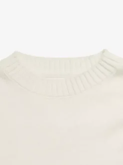 Cream White Crew Neck Knit Sweater Big Contrast Black Bow Embroidery Long Sleeve Loose Pullover