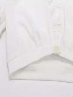 Cream White Ruched Bust Ruffle Edge Puff Sleeve Wrap Front Cropped Summer Top
