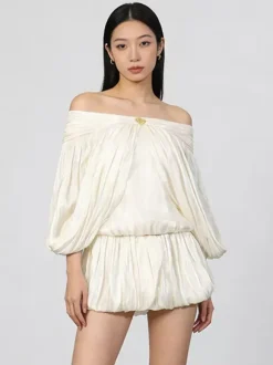 Cream Off Shoulder Ruffle Mini Dress Set For Women Romantic Chic