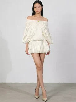 Cream Off Shoulder Ruffle Mini Dress Set For Women Romantic Chic