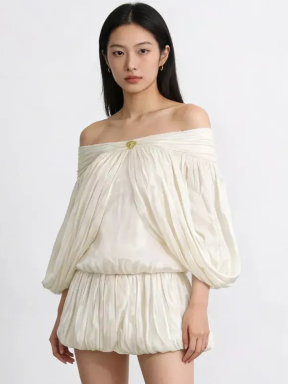 Cream Off Shoulder Ruffle Mini Dress Set For Women Romantic Chic