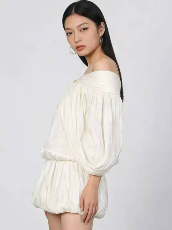 Cream Off Shoulder Ruffle Mini Dress Set For Women Romantic Chic
