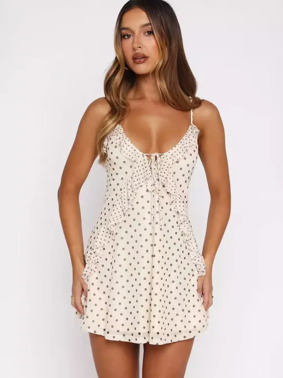 Cream Polka Dot Ruffle Cami Mini Dress For Women Chic Summer Style