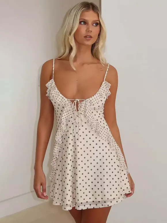 Cream Polka Dot Ruffle Cami Mini Dress For Women Chic Summer Style