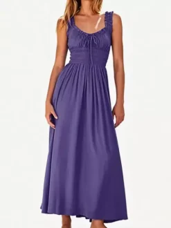 Cream V Neck Ruffled Strap Maxi Dress For Women Elegant Summer Style