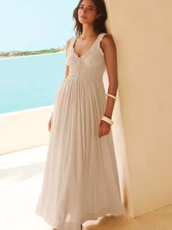 Cream V Neck Ruffled Strap Maxi Dress For Women Elegant Summer Style